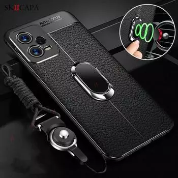 Чехол для телефона с магнитным кольцом и текстурой кожи личи для Xiaomi POCO X5 Pro 5G, мягкий силиконовый чехол из личи с ожерельем и ремешком для Poco X4 M4 Pro F4 GT X3 NFC Poco X5 Pro 5G чёрный