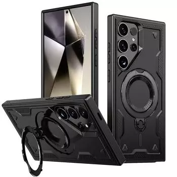 Чехол для телефона с магнитным кольцом и подставкой на 360° для Samsung S24 Ultra, сверхпрочный защитный чехол военного класса Magsafe для Galaxy S23 S22 Ultra A15 A35 A55 For Samsung S24 Ultra чёрный
