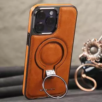 Чехол для телефона с магнитным кронштейном для iPhone 16 Pro Max 15 14 Pro 13 12, противоударный, металлическое кольцо, роскошный деловой кожаный чехол для Magsafe Shell iPhone 15 темно-синий