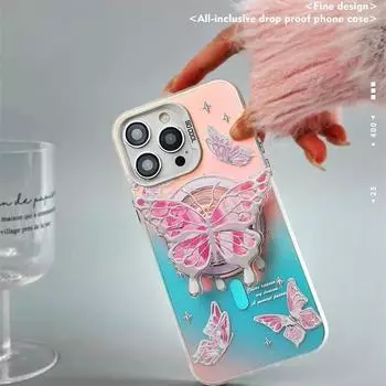 Чехол для телефона с магнитным кронштейном, совместимый и подходящий для iPhone15, 14, 13, 12, 11, promax, xsmax, xr, 7, 8plus, элегантная розовая бабочка 11PROMAX