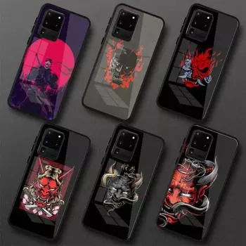 Чехол для телефона с маской самурая для Samung A32 A51 A52 ПРИМЕЧАНИЕ 10 20 S10 S20 S21 S22 Pro, ультра черный стеклянный чехол для телефона из поликарбоната Samsung S22