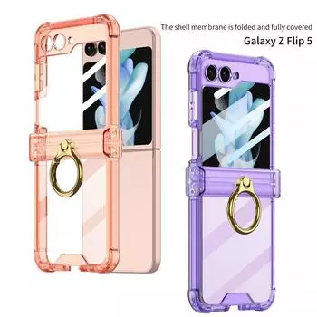 Чехол для телефона с металлическим кольцом и кронштейном для Samsung Galaxy Z Flip5 4 HD, прозрачный противоударный жесткий чехол из закаленного стекла Samsung Galaxy Z Flip5 прозрачный