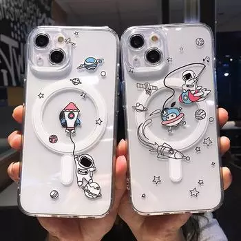 Чехол для телефона с милым астронавтом и беспроводной зарядкой для Iphone 14 13 12 11 Pro Max 14 Plus 14pro, прозрачная мягкая силиконовая задняя крышка For iPhone 13Pro