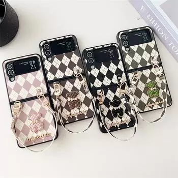 Чехол для телефона с милым медведем в клетку для Samsung Galaxy Z Flip 4 3 Z Flip5 ZFlip4 5G, чехол с кожаными чехлами на веревке для oppo find N2 Flip Samsung Z flip 3 чёрный