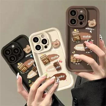 Милый мультяшный 3D кофейный медведь граффити чехол для телефона iPhone 16 15 14 13 12 11 Pro Max X XS XR корейский силиконовый противоударный мягкий чехол iPhone X белый