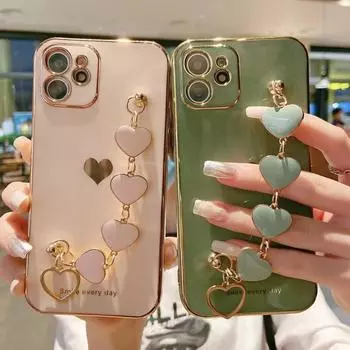 Чехол для телефона с мягким покрытием Love Heart для Iphone 14 13 12 11 Pro Max Xs Max Xr 14 Plus 14pro, противоударный чехол для браслета-цепочки на запястье For iPhone 11Pro Max