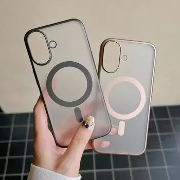 Чехол для телефона с однотонной рамкой, прозрачный матовый, магнитный, для iPhone 16 Pro Max 15 Pro 14 13 12, для MagSafe, противоударный, прозрачный, жесткий, из поликарбоната iPhone 16 чёрный