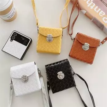 Чехол для телефона с плетением через плечо для Samsung Galaxy Z Flip 3 4, противоударный тонкий чехол из искусственной кожи с слотом для карт, задняя крышка Z Flip 4 Fundas For Samsung Z Flip3 чёрный