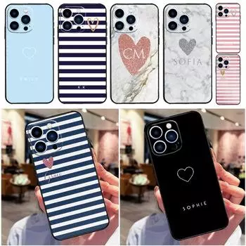 Чехол для телефона с полосатым рисунком в виде сердца и инициалов для iPhone 14 13 12 11 Pro X XR XS Max SE 2020 7 8 Plus, мягкий чехол из ТПУ iPhone 14Pro MAX