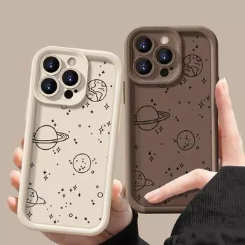 Чехол для телефона с принтом мультяшной планеты для iPhone 16 Pro Max 15 14 Plus 13 12 Pro 11 XR со звездным узором, защита линз, противоударный матовый мягкий чехол из ТПУ iPhone 15 чёрный