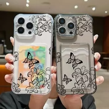 Чехол для телефона с прозрачным слотом для карт и узором «бабочка-цветок» для iPhone 16 Pro Max 15 Pro 14 13 12 11, мягкий силиконовый прозрачный противоударный тонкий чехол-бампер iPhone 16 серый