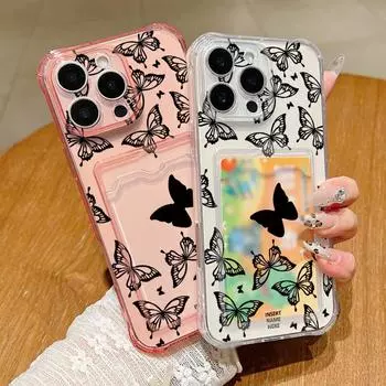 Чехол для телефона с прозрачным слотом для карт и узором «бабочка» для iPhone 16 Pro Max 15 Pro 14 13 12 11, мягкий силиконовый прозрачный противоударный тонкий чехол-бампер iPhone 16 серый