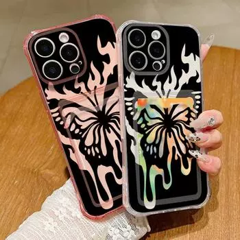 Чехол для телефона с прозрачным слотом для карт с рисунком бабочки пламени для iPhone 16 Pro Max 15 Pro 14 13 12 11, мягкий силиконовый прозрачный противоударный тонкий чехол-бампер iPhone 16 серый