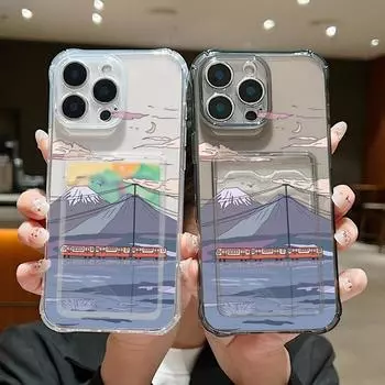 Чехол для телефона с прозрачным слотом для карт с рисунком в виде гор для iPhone 16 Pro Max 15 Pro 14 13 12 11, мягкий силиконовый прозрачный противоударный тонкий чехол-бампер iPhone 16 серый