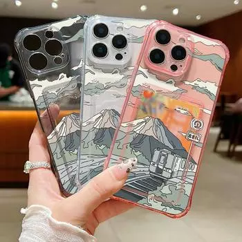 Чехол для телефона с прозрачным слотом для карт с рисунком в виде мультяшных гор для iPhone 16 Pro Max 15 Pro 14 13 12 11, мягкий силиконовый прозрачный противоударный тонкий чехол-бампер iPhone 16 серый