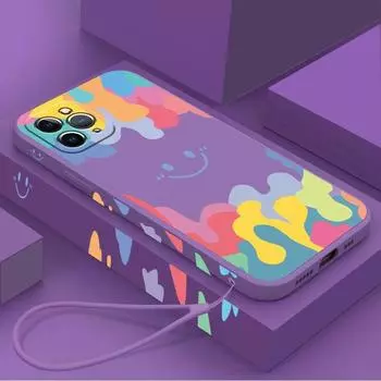 Чехол для телефона с радужным смайликом для IPhone 15 14 Pro Max 12 12Pro 12ProMax SE 11Pro 11 ProMax X XR XS Max 7 8 Plus, мягкий силиконовый чехол с ремешком из жидкого силикона iPhone 6 белый