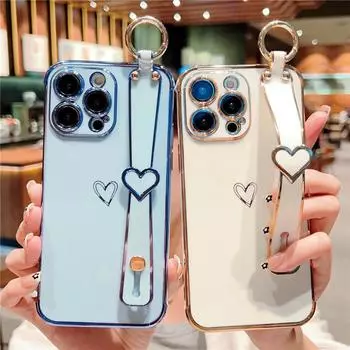 Чехол для телефона с ремешком на запястье для Iphone 14 13 12 11 Pro Max Xs Max Xr 13pro 14 Plus 11 противоударный мягкий бампер Love Heart Cover For iPhone 12