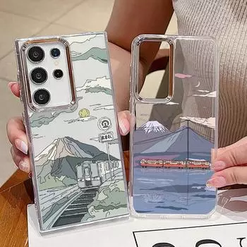 Чехол для телефона с рисунком анимационного поезда для Samsung S24 FE S23 Ultra S22 S21 A55 A54 A34 A35 A14, оправа линзы, противоударный, прозрачный, мягкий чехол Samsung S24
