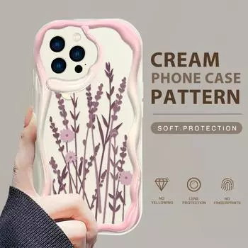 Чехол для телефона с рисунком цветов для iPhone 15, 14, 13, 12, 11, Samsung Galaxy A52, Xiaomi Redmi 14, 13C, кремовый текстурированный корпус, мягкий чехол с волнистыми краями iPhone 12 Mini белый