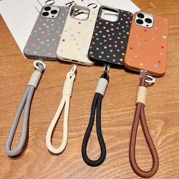 Чехол для телефона с рисунком цветов и звезд из кожи и текстурой для iPhone 16 Pro 15 14 Plus 13 12 Pro Max 11, противоударный матовый мягкий ТПУ с чехлом для ремешка на руку iPhone 16 чёрный