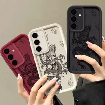Чехол для телефона с рисунком крутого дракона для Samsung S25 S24 FE S23 S22 Ultra S21 A55 A35 A54 A34 A52 A14, мягкий силиконовый защитный чехол-бампер для линз Samsung S24 чёрный