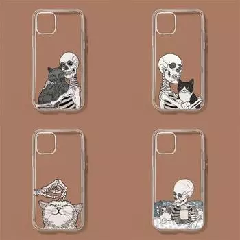 Чехол для телефона с рисунком скелета кота для iPhone 11 12 Mini 13 14 Pro XS Max X 8 7 6s Plus 5 SE XR Прозрачный чехол iPhone13PRO