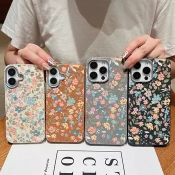 Чехол для телефона с текстурой из кожи и принтом в виде маленького свежего цветка для iPhone 16 Pro Max 15 Plus 14 Pro 13 12 11, матовый тонкий противоударный мягкий бампер из ТПУ iPhone 16 чёрный