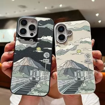 Чехол для телефона с текстурой кожи для iPhone 16 15 Pro 14 Plus 13 12 11 Pro Max Xs Max Xr 8 7 6 Plus Fujiyama Pattern противоударный мягкий тонкий чехол из ТПУ iPhone 16 бежевый