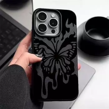 Чехол для телефона с текстурой кожи и узором бабочки для iPhone 16 Pro 15 14 13 12 Pro Max, противоударный матовый тонкий однотонный мягкий чехол из термополиуретана с защитой от падений iPhone 16 чёрный