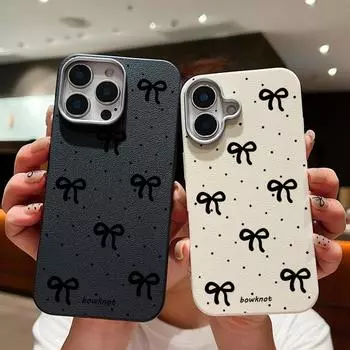 Чехол для телефона с текстурой кожи и бантом для iPhone 16 Pro 15 14 Plus 13 12 Pro Max 11, противоударный, мягкий, из ТПУ, тонкий, матовый чехол iPhone 16 чёрный