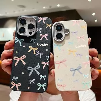 Чехол для телефона с текстурой кожи и цветным бантом для iPhone 16 Pro 15 14 Plus 13 12 Pro Max 11, ударопрочный, мягкий, из ТПУ, тонкий, матовый чехол iPhone 16 чёрный