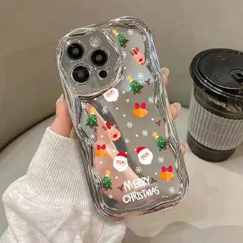 Чехол для телефона с волнистой рамкой и узором рождественской елки для iPhone 15 Pro Max 14 13 Pro 12 11 с изображением Санты, снеговика, лося, глянцевый противоударный мягкий чехол для телефона iPhone 15
