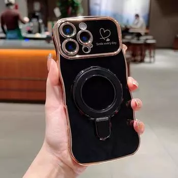 Чехол для телефона с волнообразной рамкой и сердечком из ТПУ с мягким покрытием для iPhone 16 Plus 15 Pro Max 14 Pro 13 12 11, держатель кольца, противоударный глянцевый чехол на заднюю панель iPhone 16 чёрный