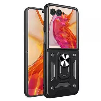 Чехол для телефона с выдвижной крышкой камеры для Motorola Moto Razr 50 Ultra Shockproof со встроенной подставкой-держателем на 360° Motorola Razr 50 Ultra чёрный