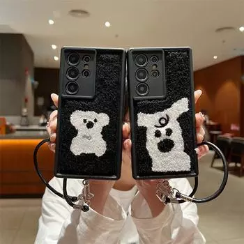 Чехол для телефона с вышитым мультяшным плюшевым щенком Коала + ремешок Samsung S25 S24 Plus S23 Ultra S22 S21 FE, защитный чехол от травм при падении Samsung S21 Ultra