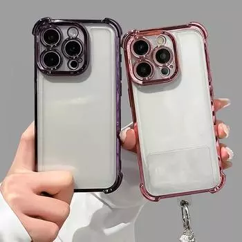 Чехол для телефона с защитой от падения с четырех сторон с гальваническим покрытием для iPhone 16 Pro 15 14 Plus 13 12 Pro Max 11, прозрачный противоударный защитный чехол для объектива iPhone 16 чёрный
