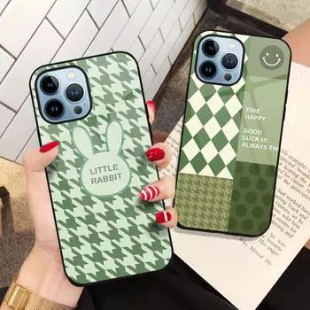 Чехол для телефона с зеленой ромбовидной сеткой для Iphone 14 13 12 11 Pro Max Mini Xs Xr X 7 8 6s Plus Se 2022 Carcasa, чехол из закаленного стекла For iphone 7 Plus
