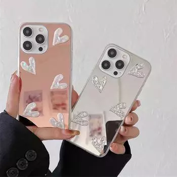 Чехол для телефона с зеркалом для макияжа с 3D-образным рисунком в виде сердца для iPhone 16 Pro Max 15 14 Pro 13 12 11, глянцевый, прозрачный, ударопрочный, тонкий чехол iPhone 16 розового золота