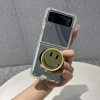 Чехол для телефона с золотой улыбкой и кронштейном для Samsung Galaxy Z Flip 4 Flip4 Zflip3 Zflip 5g F7110, зеркало для макияжа, чехол с цепочкой на руку for Z Flip (5G)