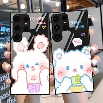 Чехол для телефона Samsung Galaxy S22 Plus Ultra, стеклянные чехлы с милым медведем из мультфильма для Galaxy S20 Fe S21ultra S23plus S21fe, черный чехол For Samsung S20