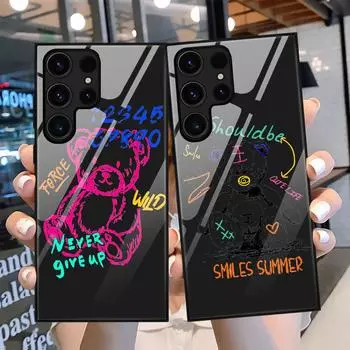 Чехол для телефона Samsung Galaxy S22 Plus Ultra, стеклянные чехлы с изображением медведя из мультфильма для Galaxy S20 Fe S21ultra S23plus S21fe, черный чехол из ТПУ For Samsung S20 5G
