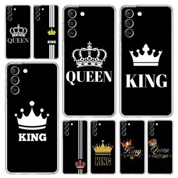 Чехол для телефона Samsung Galaxy S24 Plus S23 S22 S21 S20 FE Ultra 5G S10 S10E S9, прозрачный чехол в стиле пары, мультяшная корона, король, королева Samsung S24