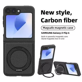 Чехол для телефона Samsung Galaxy Z Flip6 Flip5 Flip4 Flip3 с текстурой из углеродного волокна и беспроводной зарядкой, противоударный, магнитная подставка, 2 шт., складной чехол Samsung Z Flip6 чёрный