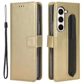 Чехол для телефона Samsung Galaxy Z Fold5 5G Кожаный кошелек Текстура Crazy Horse Чехол-подставка со слотом для стилуса Gold