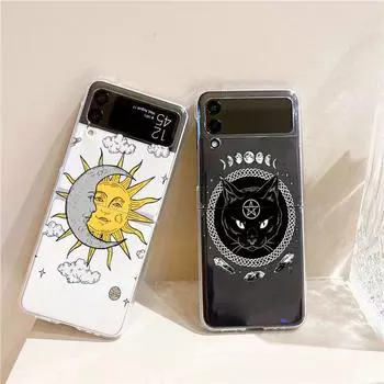 Чехол для телефона Samsung GalaxyZ Flip 4 5 Fold Clear Hard PC Shell Moon Tarot Cat Эстетический чехол для Samsung Z Flip 3 Couqe Galaxy Z Flip 4