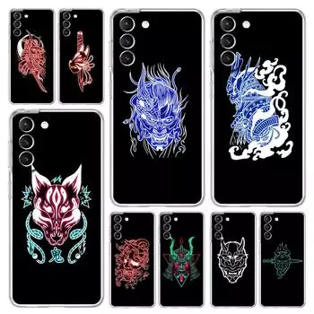 Чехол для телефона Samurai Oni Mask neon для Samsung Galaxy S22 S21 S20 FE Ultra 5G S10 S10E S9 S8 Plus Note 10 20 прозрачный силиконовый чехол Samsung S20