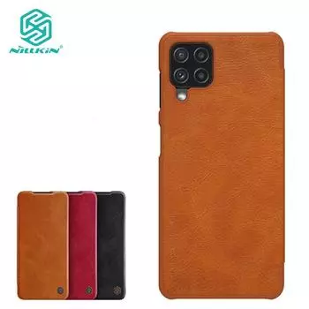 Чехол для телефона серии Nillkin Qin для Samsung Galaxy A22 4G, кожаный откидной чехол на 360°, универсальный противоударный защитный чехол на заднюю панель, встроенный слот для банковской карты Samsung A22 4G коричневый
