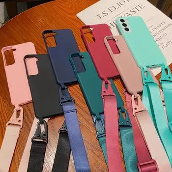 Чехол-ремешок через плечо для телефона Samsung S25 Ultra S24 FE S23 S22 A16 A55 A35 iPhone 16 Pro Max 15 14 13 12 11, ударопрочный, однотонный, мягкий чехол из ТПУ iPhone 15 светло-голубой