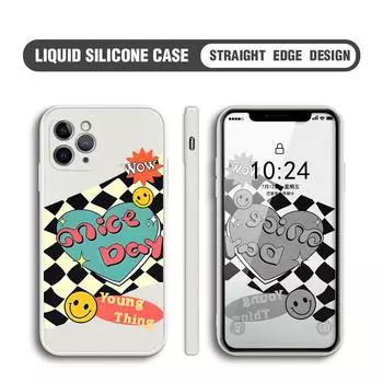 Чехол для телефона со смайликом в клетку «Любовь» для iPhone 15, 14, 13, 12, 11, Samsung Galaxy S23 S22 A52 A52S, мягкие квадратные жидкие силиконовые чехлы с полной защитой iPhone 13 Mini чёрный