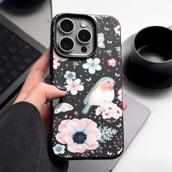 Чехол для телефона TPU Soft Butterfly Flower Pattern для iPhone 16 15 14 Pro 13 12 Pro Max 11 с текстурой кожи, ударопрочный, однотонный, тонкий, противоударный iPhone 16 чёрный